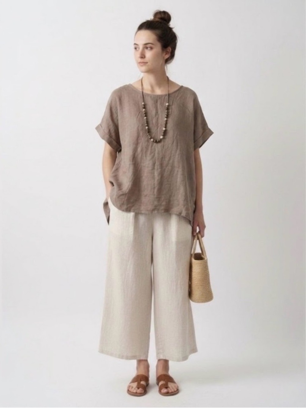 Terzo Millennio Italian Linen Button Back Tunic Tan Beige Lagenlook - Medium